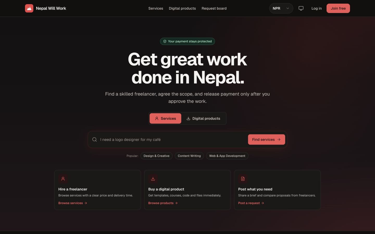 NepalWillWork marketplace homepage